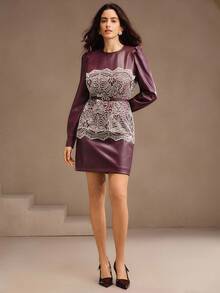 Anewsta Women's Elegant Christmas & Everyday Wear Wine Red Embroidered Hollow-Out Long Sleeve Round Neck Belted Short Dress, Premium Autumn/Winter New Arrival - Burgundy - View 5