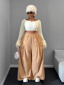 Maweii Plus Size Women Fall Loose High Waist Straight Leg Casual Pants - Khaki - View 6
