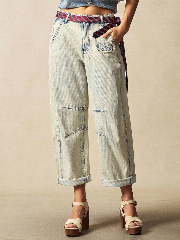 Bohemela Jeans sueltos de mujer con rayas tejidas de estilo casual