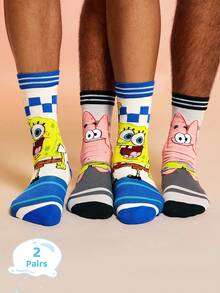 SpongeBob SquarePants | SHEIN 2 Pairs Cute Cartoon Men Soft & Breathable Moisture-Wicking Mid-Calf Socks Fashionable Casual Crew Socks Reinforced Toe & Heel Durability Unisex All Season All-Match Summer Winter,Patrick