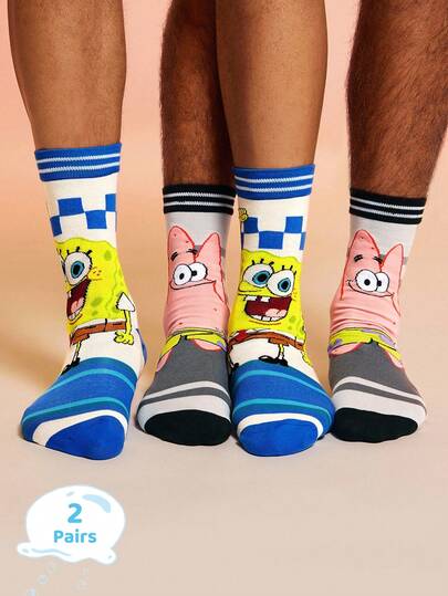 SpongeBob SquarePants | SHEIN 2 Pairs Cute Cartoon Men Soft & Breathable Moisture-Wicking Mid-Calf Socks Fashionable Casual Crew Socks Reinforced Toe & Heel Durability Unisex All Season All-Match Summer Winter,Patrick