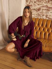 Aralina Váy dài tay tối giản màu trơn dành cho nữ, mặc hàng ngày - Màu Đỏ Sâu - Xem 9