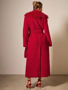 COSMINA 女士休闲纯色加厚保暖长袖仿皮草夹克，秋冬 - 紅色 - 查看 2