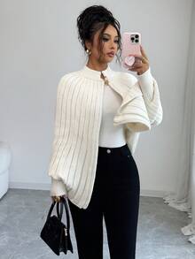 Elenzga Women's Elegant High-Quality Knitted Cardigan With Metal Button Design, Simple And Generous, Suitable For Autumn/Winter - Beige - View 2