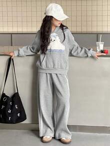 Dazy Kids 2pcs/Set Tween Girls Hooded Fleece Sweatshirt And Pants Set, Autumn/Winter - Grey - View 4