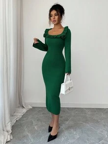 Elenzga Women's Autumn/Winter New U-Neck Floral Design Elegant Fitted Flare Sleeve Midi Knit Sweater Dress, Versatile For Daily Wear And Dates - Green - View 6