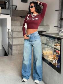 EURMUSE High Waist Casual Loose Wide Leg Denim Jean Wide Leg Jeans Woman Baggy Jeans Y2k Long Sleeve Crop Tops Jean Crop Top Two Tone Jeans - Medium Wash - View 5