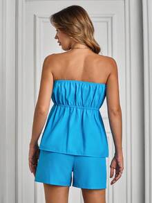 EURMUSE Women Shorts And Bow Detailed Top Two Pieces Outfit - Royal Blue - View 2