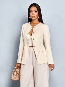 SOLERSUN Women's Solid Color Minimalist Casual Elegant Commuting Long Sleeve Blazer Winter Women Clothes Thanksgiving Women Teachers Fall Cloth For Women - Apricot - View 4