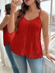 Reflora 大码优雅纯色蕾丝吊带背心 - 紅色 - 查看 5