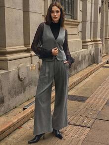 DAZY 2 件套女士人字纹羊毛 V 领无袖背心夹克和阔腿裤休闲套装，秋冬 - 灰色 - 查看 3