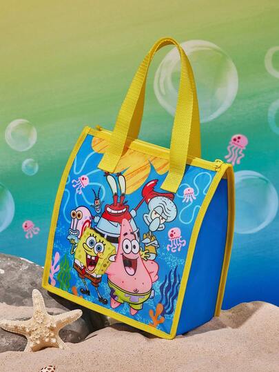 SpongeBob SquarePants | SHEIN 1pc Cartoon Character Printed Insulated Lunch Bag, Keeps Food Warm Or Cold, Large Capacity Picnic Bag Fits Lunch Box & Drink, Suitable For Picnic, Camping, Travel, Home Use, Family & Student