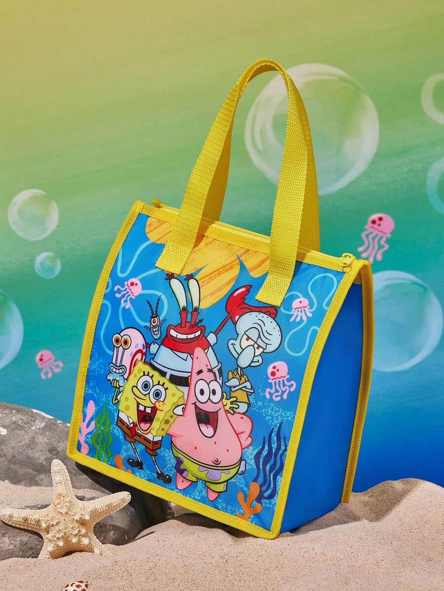 SpongeBob SquarePants | SHEIN 1pc Cartoon Character Printed Insulated Lunch Bag, Keeps Food Warm Or Cold, Large Capacity Picnic Bag Fits Lunch Box & Drink, Suitable For Picnic, Camping, Travel, Home Use, Family & Student