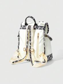 ROMWE Kawaii Leopard Print Patchwork Cat & Dog Bow Decor Backpack - White - View 4