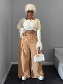 Maweii Plus Size Women Fall Loose High Waist Straight Leg Casual Pants - Khaki - View 5