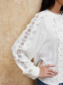 SHEIN Privé VITNOS 2025 Luxury Bohemian Vintage Elegant White Autumn Long Sleeve Blouse,Lace Patchwork Casual Fashion Tea Party Top For Music Festivals,Parties - Beige - View 8