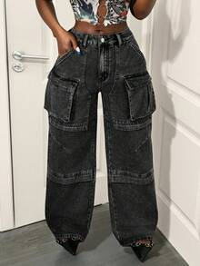 Slaydiva Women's Cargo Pocket Thermal Lined Loose Fit Wide Leg Casual Jeans - Dark Grey - View 4