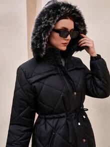 CLARA VERO Long ,Hooded Cinched Waist Padded Coat - Black - View 8