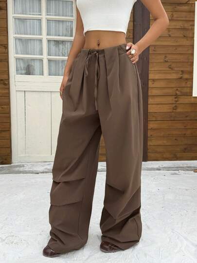 Muchica Fashionable Brown Casual Solid Color Baggy Wide Leg Women Pants,Street Wear,Autumn Clothes For Women