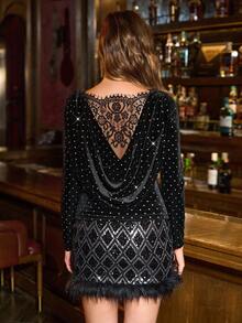 SHEIN Clasi Maglietta a maniche lunghe in velluto aderente da donna, maglietta in velluto nero autunno/inverno, maglietta nera per Capodanno, maglietta con glitter, top da festa per donna, top nero con strass, abito nero scintillante, abito con diamanti, abito di lusso per donna, Natale per donna, inverno per donna, comodo autunno e inverno per donna, Nuovo Anno, Ringraziamento per donna, abito elegante da festa, top con paillettes