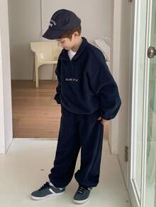 DAZY 青少年男孩半拉链插肩长袖宽松休闲运动衫套装 - 藏蓝色 - 查看 3