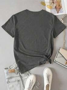 INAWLY Áo thun nữ cổ tròn tay ngắn thêu hình bí ngô và ma, dễ mặc, đa năng - Xám - Xem 2