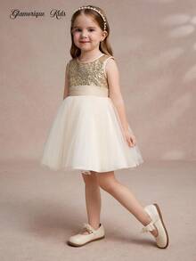 Glamorique Kids 女孩金色亮片薄纱蓬松连衣裙，缎面蝴蝶装饰无袖，适合万圣节、圣诞节、生日、婚礼嘉宾、派对 - 香檳色 - 查看 5