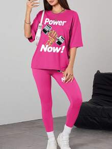 Gameset SHEIN Sport 时尚字母印花圆领 T 恤和长裤运动服健身女士套装女式紧身裤套装健身套装 - 玫紅色 - 查看 6
