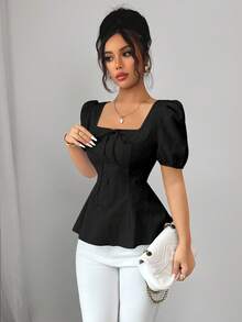 Elenzga 全新时尚百搭法式蝴蝶结灯笼袖优雅提花面料女式衬衫 - 黑色 - 查看 4