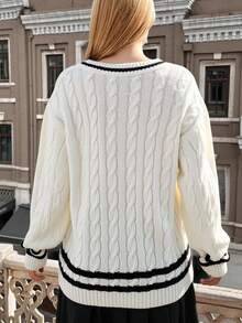 Cloudara Suéter De Talla Grande Con Diseño De Rayas, Cuello En V Y Mangas Largas - Blanco - Ver 2