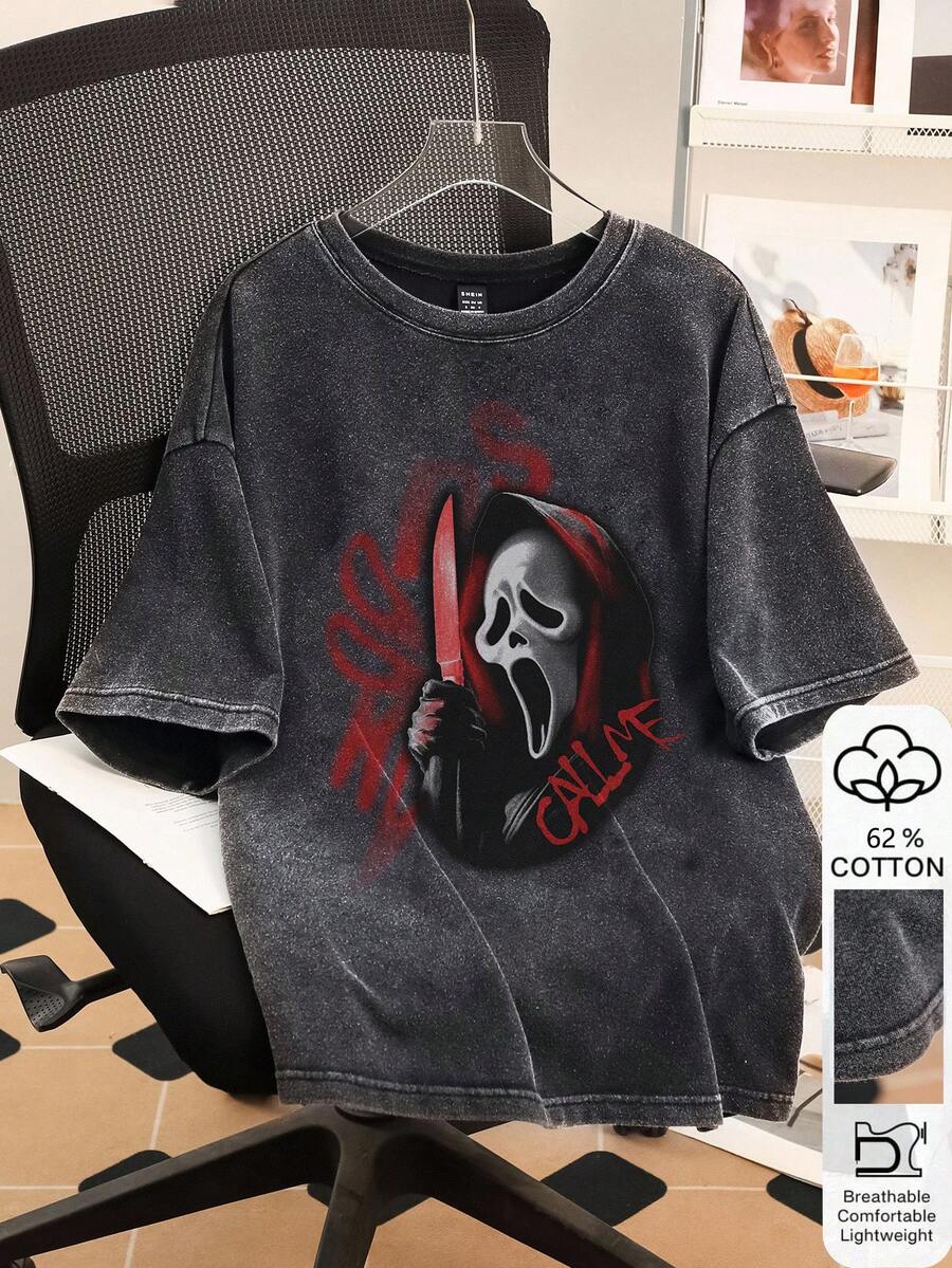 SHEIN EZwear 女款黑色针织超大版型T恤，饰有万圣节骷髅图案 - 彩色 - 查看 1