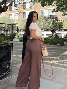 NegzBox Pantalones casuales de mezcla de lino de talle bajo y pierna recta para mujer, apropiados para vacaciones - Óxido marrón - Ver 2