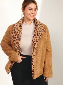 Momelise 大码豹纹拼布常规夹克 - 棕色 - 查看 6