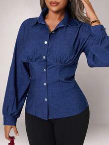 Xyvia 女式休闲水洗前扣收腰修身夹克 - 藍色 - 查看 4