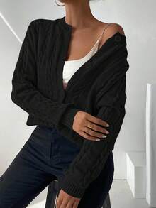EMERY ROSE 女式秋季扭纹长袖单排扣休闲针织开衫 - 黑色 - 查看 4