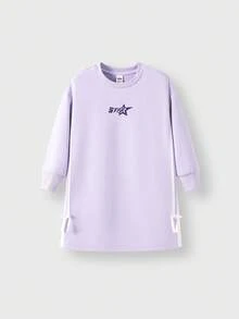 JNSQ Vêtements pour préadolescentes, robe Sweat-shirt ample à col rond et manches longues pour l'automne, robe imprimée de lettres drôles avec ceinture à nœud papillon, convient pour le port quotidien en automne et hiver, les activités extérieures, les vacances, le style de rue, les fêtes et les loisirs - Parme - Voir 2