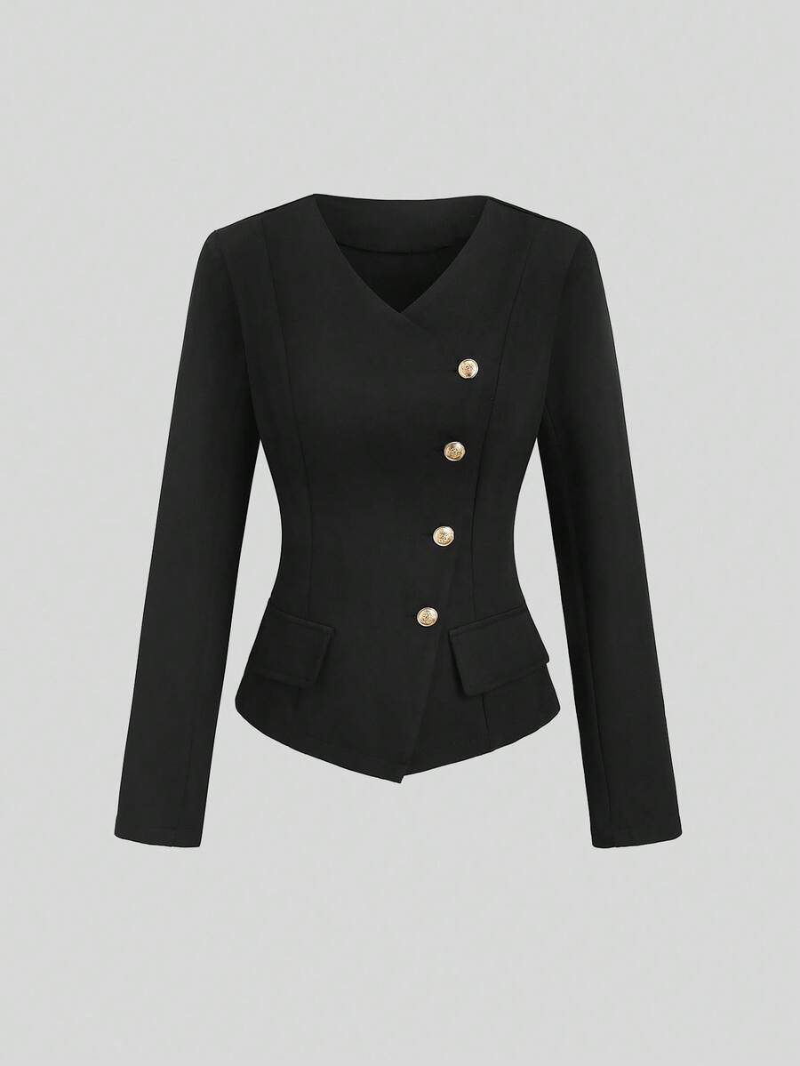 Sweetra Áo khoác mỏng thanh lịch cổ chữ V tay dài, cài nút đơn dành cho nữ, mùa thu - màu đen - Xem 1