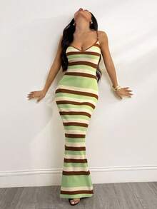 SHEIN PETITE Đầm dệt kim mới dành cho nữ, đầm móc với cổ yếm chéo và lưng hở, đầm kẻ sọc phong cách bohemian, đầm đi nghỉ mát, đầm thanh lịch dành cho nữ mùa thu/đông. - Nhiều màu - Xem 7