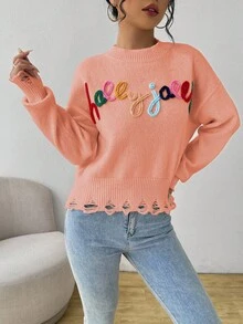 SHEIN LUNE Sweater Kasual Wanita dengan Bahu Longgar dan Kerah Bulat, Motif Huruf dan Grafis, Musim Gugur - Baby Pink - View 7