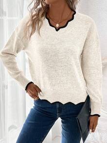 EMERY ROSE Women's Casual V-Neck Dropped Shoulder Long Sleeve Sweater, Autumn,Fall,Cozy Fall And Winter Clothes For Women