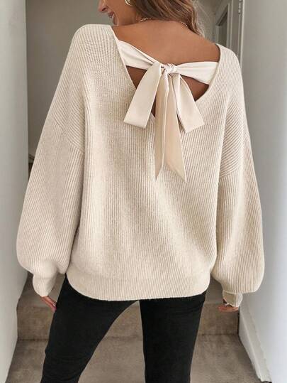 Easowa Women's Retro Brown Bow-Knot Crew Neck Long Sleeve Sweater, Autumn/Winter,Long Sleeve Tops