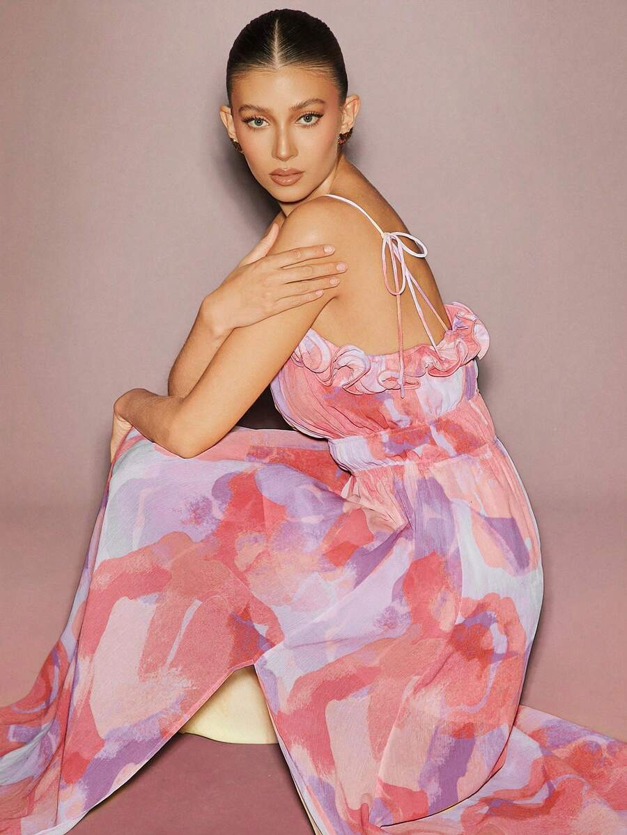 L'Amorae Ruffle Chiffon Spring Maxi Dress With Side Slit - Multicolor - View 1