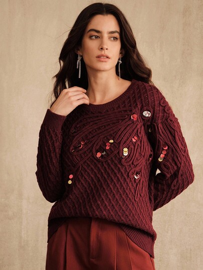Anewsta Women's Elegant Lazy Chic Handmade Rope Embroidery Sequin Twisted Flower Sweater, Burgundy Round Neck Long Sleeve, Suitable For Christmas, Halloween, Autumn/Winter