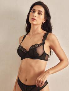 Charlaine French Lace Mesh Lace Bra, Elegant Autumn Lingerie - Black - View 5