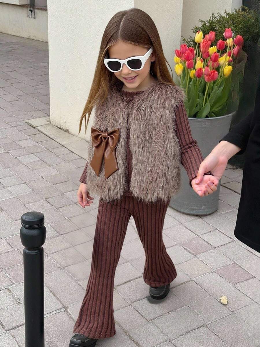 Elladie kids 3pcs/Set Young Girls Ribbed Turtleneck Long Sleeve Top,Flare Pants,Fluffy Vest With Bow Decor,Winter,Family Matching Elegant Party Casual Outfit