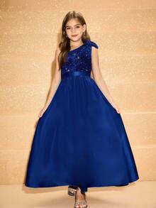 Girls' Sequin One Shoulder Big Bow Long Dress, Suitable For Wedding, Prom, Birthday Party, Back To School, Graduation, Christmas, Halloween Fall Winter - Blue - View 3