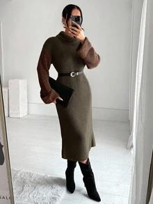 EURMUSE Women's Autumn/Winter Fashion Color Block High Neck Knit Dress - Dark Green - View 5