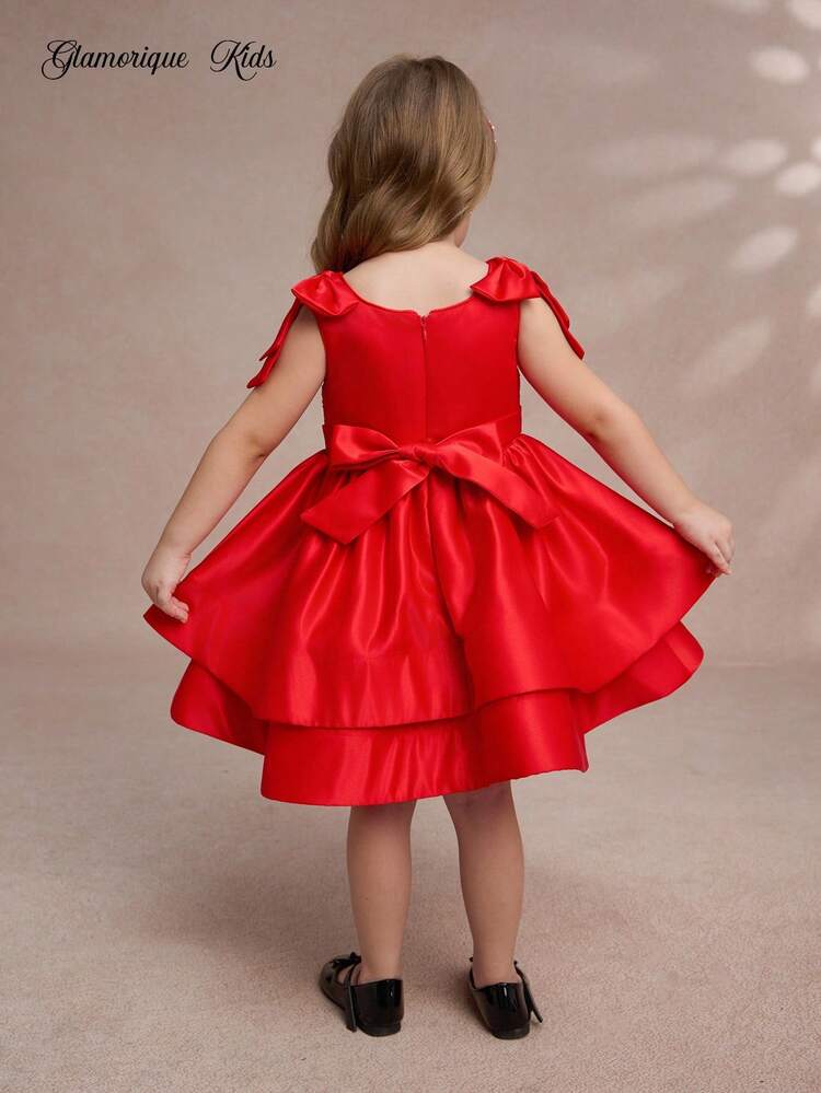 Glamorique Kids فستان الحفلات الرسمي لحفلة عيد ميلاد البنات، فستان أميرة بدون أكمام مزين بالترتر والفيونكة على الكتف والتول، فستان مناسبة خاصة - الأحمر - مشاهدة 2