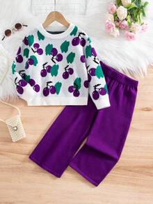 SHEIN Young Girl Jacquard Knit Sweater Leggings 2-Piece Set, Purple Autumn Fairy Cherry Outfit, Vintage Princess Ribbed Winter, Mommy And Me Rainbow - Violet Purple - View 1