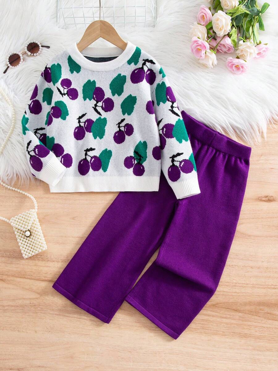 SHEIN Young Girl Jacquard Knit Sweater Leggings 2-Piece Set, Purple Autumn Fairy Cherry Outfit, Vintage Princess Ribbed Winter, Mommy And Me Rainbow - Violet Purple - View 1